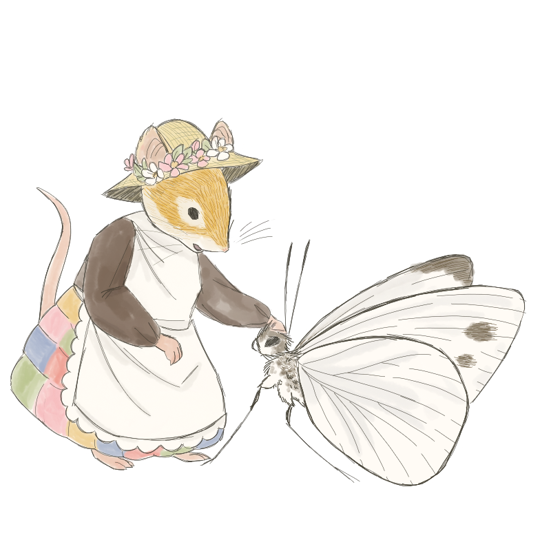 A digital painting of a happy mouse patting a butterfly on its head. The mouse is standing up and is wearing a brown dress with a patchwork skirt and a white apron. The mouse is also wearing a hat with flowers along the brim. The butterfly is white with dark brown spots on its wings.